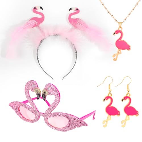 Wolkstello Flamingo Kostüm Damen, Flamingo Haarreif, Accessoires Flamingo, Brille Halskette Ohrringe Flamingo, Kopfschmuck Federn Flamingo für Hawaii Party Karneval Fasching Sommer Party Kostüm von Wolkstello