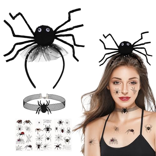 Wolkstello Halloween Haarreif Spinne, Halloween Haarschmuck Spinnen, Kopfschmuck Spinne mit Halsketten Tattoos für Kinder Damen Spinnenkostüm Accessoires zum Halloween Karneval Fasching von Wolkstello
