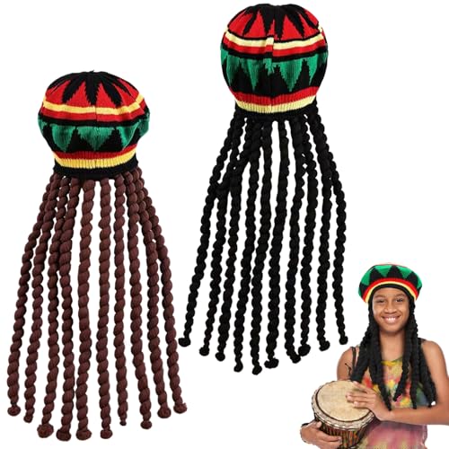 2 PCs Jamaikaner Hut traditioneller gestrickter weicher Rasta -Hut mit 18 in langen schwarzen und braunen Dreadlocks Buntes komfortables elastisches, lustiges Dreadlock -Perücken für Party, Cosplay von Womsclo