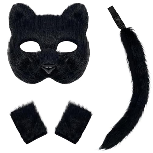 3 PCs Therian Maske Faux Purry Maske Schwanzhandschuhe Set halb Gesichtsfuchsmaske mit verstellbarer Schnalle Exquisite Wolf Maske für Cosplay Fancy Costume Party Schwarz, Therian Maske 3 PCs Therian Maske Faux Purry Maske Schwanzhandschuhe Set halb Gesichtsfuchsmaske mit verstellbarer Schnalle Exquisite Wolf Maske für Cosplay Fancy Costume Party Schwarz, Therian Maske von Womsclo