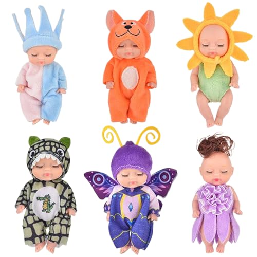 Mini -Babypuppen mit schläfrigem Gesicht 6pcs 5, 12 Zoll süße kleine Babypuppen mit unterschiedlichen Kleidern auf gemeinsam beweglicher PVC Tiny Babypuppenspielzeug für Mädchen, Mini - von Womsclo