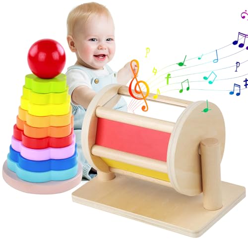 Womsclo Spinnentrommel mit Stapelringen Holz Regenbogen Baby Sinnesspielzeug Entwicklung Bildung Baby Safe Kleinkindspielzeug Geburtstagsgeschenk, Spinnentrommel von Womsclo
