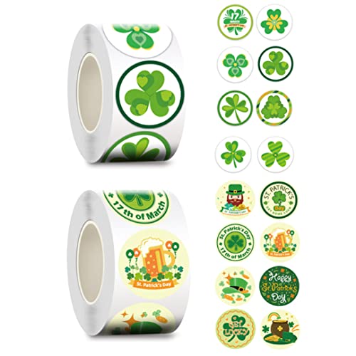 Womsclo St. Patrick's Day Sticker Shamrock Roll Aufkleber Green Lucky Sticker für Irish Party Supply 2Rolls, St. Patrick's Day von Womsclo