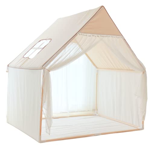 Wonder Space Kinderspielhaus Zelt - Großes Spielzelt für Jungen und Mädchen, tragbar für drinnen und draußen, aus natürlichem Baumwoll-Leinwandstoff in Khaki-Beige mit Spitzen-Bommeln von Wonder Space