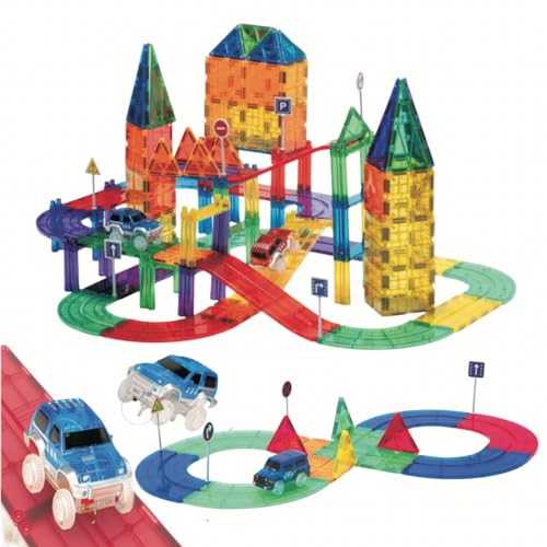 WonderToys 122 Stück Rennauto-Bausteine | Lernspielzeug | Magnetfliesen | Spielset 2 Trucks | STEM Lernbausatz | Koordination von Wonder Toys