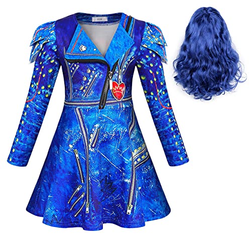 WonderBabe Evie Kostüm Mädchen Halloween Cosplay Kostüm Mädchen Prinzessin Geburtstag Party Langarm Kleid Outfits mit Bule Perücke von WonderBabe