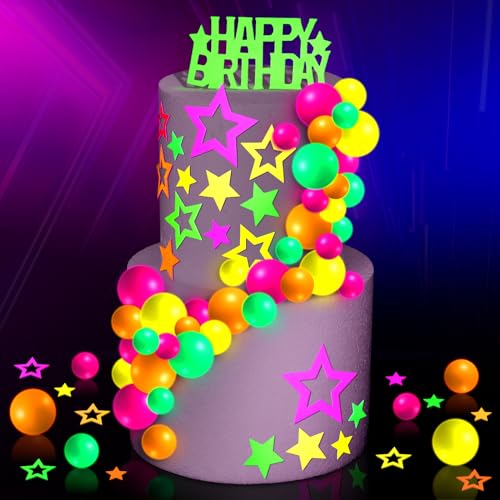 Wonderjune 57 Stück leuchtende Kuchendekorationen für Neongeburtstagsparty-Dekorationen, leuchtet im Dunkeln, Themen-Picker für Cupcakes, Happy Birthday, Sternkugeln, Cupcake-Topper, Zubehör, bunte von Wonderjune