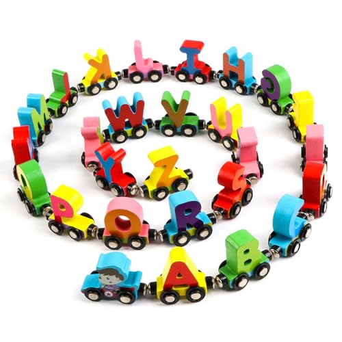 Wondertoys Holzzug-Set, magnetisch, Zug, Autos, Alphabet-Set mit 1 Motor-Spielzeug-Zug-Sets für Kinder von Wondertoys