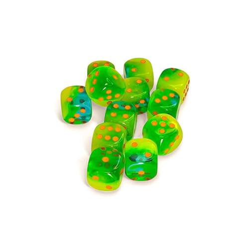 Chessex Zwillingswürfel mit orangefarbenen Kernen in Plasmagrün und Blaugrün, D6, 16 mm, 12 Stück von Wondertrail
