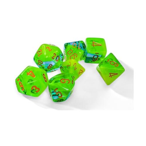 Chessex Zwillingswürfel mit orangefarbenen Zahlen, 7 Würfel, 16 mm, Plasmagrün und Blaugrün Chessex Zwillingswürfel mit orangefarbenen Zahlen, 7 Würfel, 16 mm, Plasmagrün und Blaugrün von Wondertrail