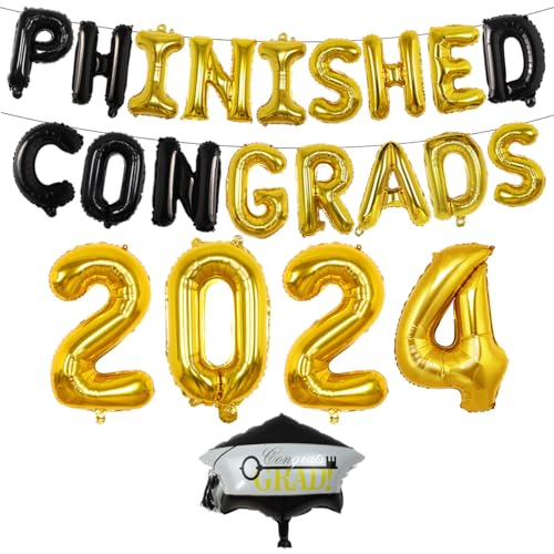 Dekorationen für die PHD-Abschlussfeier 2024 in Schwarz und Gold – Zubehör für die Doktor-Abschlussparty mit Phinished Congrads-Ballonbanner, 2024-Abschlusskappen-Luftballons für die von Wonmelody