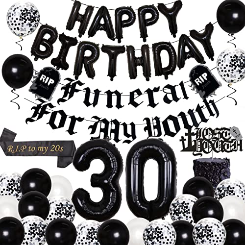 Schwarz 30. Geburtstag Dekorationen für Frauen mit Beerdigung für meine Jugend Banner, Happy Birthday Ballon, Rip to My 20s Schärpe, 30 Folienballons Schwarz 30. Geburtstag Dekorationen für Frauen mit Beerdigung für meine Jugend Banner, Happy Birthday Ballon, Rip to My 20s Schärpe, 30 Folienballons von Wonmelody
