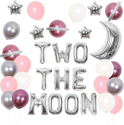 Two the Moon Geburtstagsdekorationen für Mädchen Space 2 Birthday Party Supplies Weltraum Astronaut Second Party Decor mit silbernen Moon Star Folienballons Two The Moon Folienballon Banner von Wonmelody