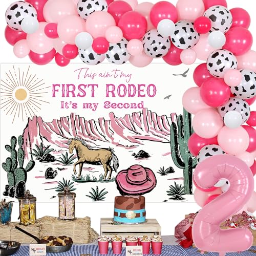 Wonmelody Dekorationen zum 2. Geburtstag von Cowgirl, Dies ist nicht mein erstes Rodeo, es ist mein zweiter Hintergrund, Banner, rosa Kuh-Ballonbogen-Set, Folienballon Nummer 2 für Western von Wonmelody
