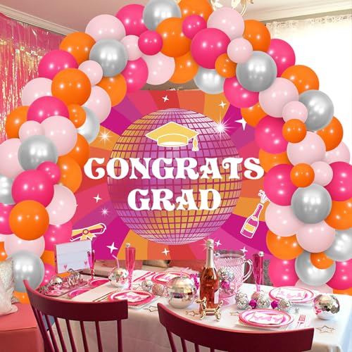 Wonmelody Disco-Abschlussparty-Dekoration mit „Congrats Grad“-Hintergrundbanner und rosa und orangefarbenem Disco-Hip-Hop-Abschluss-Ballonbogen-Dekor für High von Wonmelody