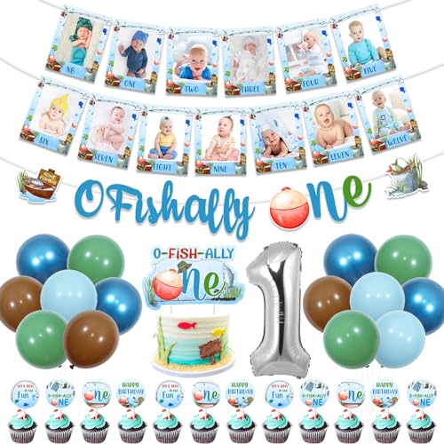 Wonmelody Fishing First Birthday Party Decorations Blue Ofishally One Banner Fish Cake Topper Gone Fishing Newborn to 12 Months Little Fisherman Tropical Fishing Banner for the Big One 1st Birthday von Wonmelody