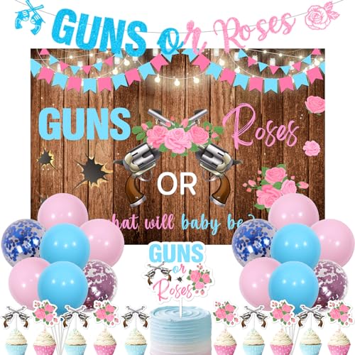 Wonmelody Guns or Roses Gender Reveal Dekorationen mit Waffen oder Rosen Geschlecht Hintergrund Banner Pistolen oder Rosen Kuchen Cupcake Topper für Jungen oder Mädchen Er oder Sie Geschlecht von Wonmelody