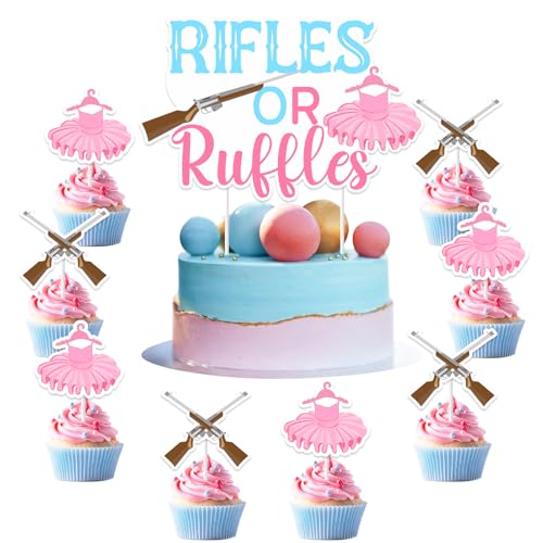 Wonmelody Kuchendekoration mit Gewehren oder Rüschen, rosa oder blau, für Jungen oder Mädchen, er oder sie, für Jungen, Mädchen, Party, Babykleidung, Pistole, Kuchendekoration für Babyparty von Wonmelody