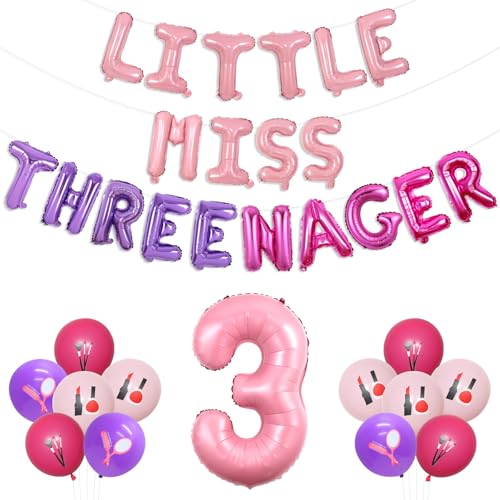 Wonmelody Little Miss Threenager Geburtstagsdekoration, Little Miss Threenager, Ballon-Banner, Spa-Thema, Nummer 3, Luftballons, Make-up, 3. Geburtstag, für Schönheitssalon, Geburtstag von Wonmelody