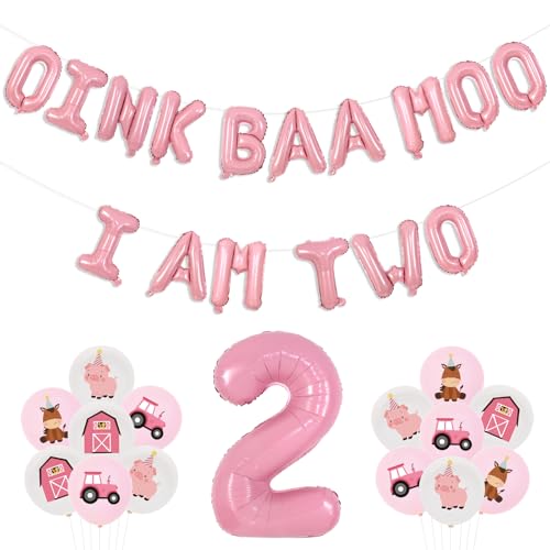 Wonmelody Partydekoration für den 2. Geburtstag, Motiv: Bauernhoftiere, rosa Oink Baa Moo I Am Two Ballon, Banner, Esel, Scheune, Luftballons, Moo Moo I Am Two Dekor, Barnyard 2. Geburtstag, Zubehör von Wonmelody