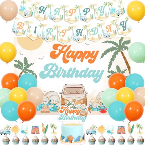 Wonmelody Surf-Geburtstagsparty-Dekoration, Blau, Orange, Vintage-Stil, alles Gute zum Geburtstag, Hintergrund, Sommer-Surf-Geburtstagsbanner, Partyzubehör, The Big One, Deko-Kuchenaufsatz, von Wonmelody