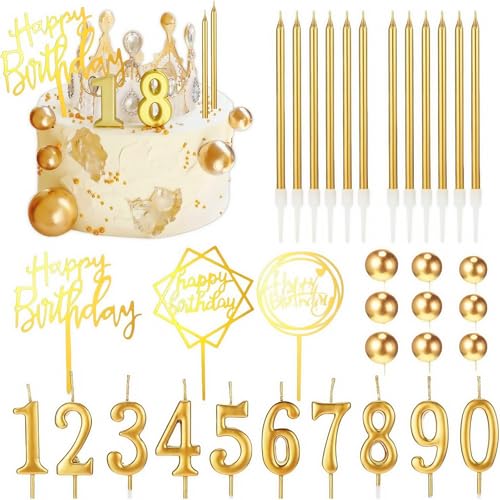 Wonninek 34 Stück Gold Kuchen Toppers Glückwunsch Geburtstag Dekorationen Set Cupcake Kerze mit Zahlen Acryl Glückwunsch Geburtstag Zeichen für Kuchen Seiteneinsätze Dekor Party Supplies Hochzeitstag von Wonninek