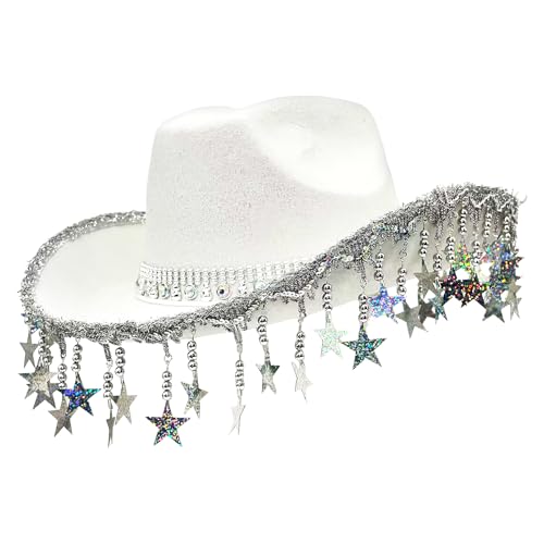 Wonsfuleu Bling Cowboy -Hüte für Frauen, Cowboyhüte für Party,Western Cowboyhut | Glitzernde Kopfbedeckung mit fünffachen Star Quasten für Frauen Maskerade-Event von Wonsfuleu