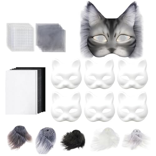 Wonsfuleu Katzen-Gesichtsmaske Set,Halloween Maske Mit Augenpartie Mesh | Kostüm Für Mädchen Familie Freunde Partys Theater Halloween Weihnachten Fotoshooting von Wonsfuleu