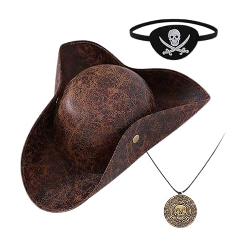 Wonsfuleu Renaissance Piratenhut - Halloween Piratenkostüm-Hut mit Halskette - Kunstleder Bühnenaccessoire Für Rollenspiel Jugendlische Erwachsene Partnerin Partner von Wonsfuleu