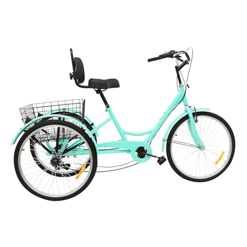 WooDerson 24 Zoll Dreirad für Erwachsene, VerstellbaresDreirad für Erwachsene mit Korb und Rückenlehne, 7-Gang-3-Rad-Fahrrad, Senioren Einkaufs-Dreirad, Bis 120kg (Grün) von WooDerson