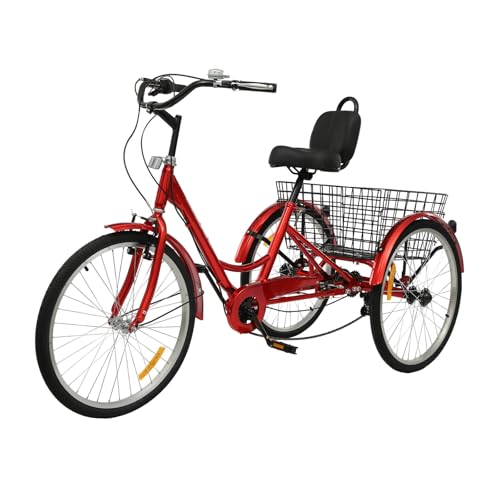 WooDerson 24 Zoll Dreirad für Erwachsene, VerstellbaresDreirad für Erwachsene mit Korb und Rückenlehne, 7-Gang-3-Rad-Fahrrad, Senioren Einkaufs-Dreirad, Bis 120kg (Rot) von WooDerson