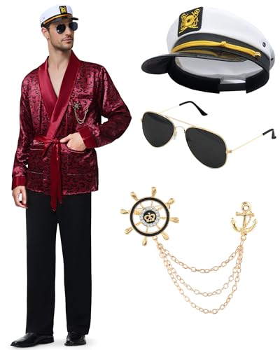Hugh Hefner Robe Herren Rote Seidenjacke Halloween Paare Kostüme mit schwarzer Hose Sonnenbrille Kapitän Hut Hugh Hefner Robe Herren Rote Seidenjacke Halloween Paare Kostüme mit schwarzer Hose Sonnenbrille Kapitän Hut von WooHand