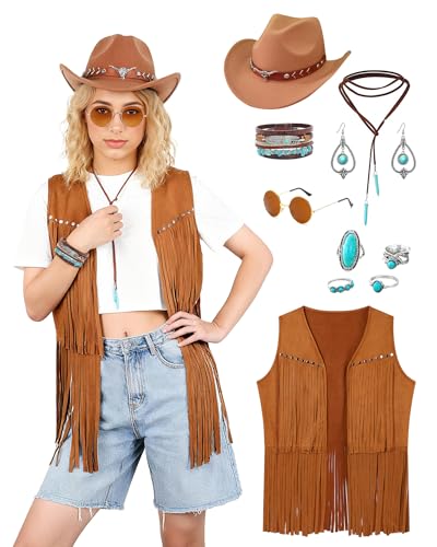 WooHand 10-teiliges Cowgirl-Outfit für Damen, Western-Outfit, Fransenweste, Cowboy-schicker Cowboyhut, Schmuck-Set für Halloween, Braun, M WooHand 10-teiliges Cowgirl-Outfit für Damen, Western-Outfit, Fransenweste, Cowboy-schicker Cowboyhut, Schmuck-Set für Halloween, Braun, M von WooHand