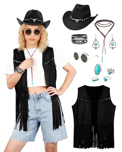 WooHand 10-teiliges Cowgirl-Outfit für Damen, Western-Outfit, Fransenweste, Cowboy-schicker Cowboyhut, Schmuck-Set für Halloween, Schwarz, M WooHand 10-teiliges Cowgirl-Outfit für Damen, Western-Outfit, Fransenweste, Cowboy-schicker Cowboyhut, Schmuck-Set für Halloween, Schwarz, M von WooHand