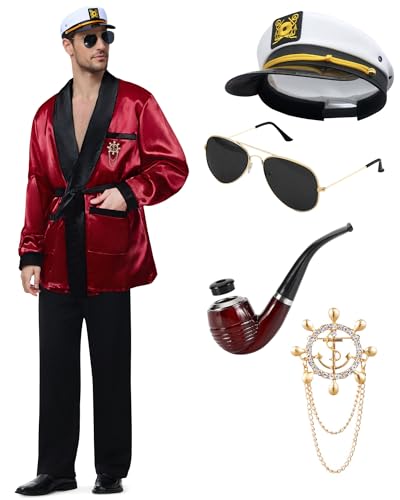 WooHand Halloween Hugh Hefner Robe Robe Red Silky Jacket Herren Captain Kostüm Set Pyjama Hose Outfits Kapitän Hut Sonnenbrille WooHand Halloween Hugh Hefner Robe Robe Red Silky Jacket Herren Captain Kostüm Set Pyjama Hose Outfits Kapitän Hut Sonnenbrille von WooHand