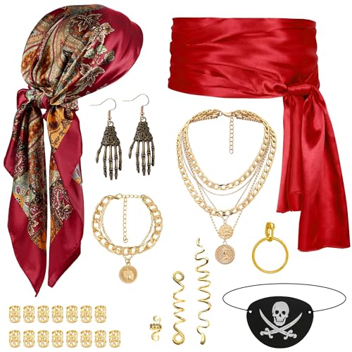 WooHand Piratenkostüm-Zubehör für Damen, Bandana-Schärpe, Augenklappe, Halskette, Ohrringe, Armband, Haarschmuck für Halloween, Cosplay, Renaissance WooHand Piratenkostüm-Zubehör für Damen, Bandana-Schärpe, Augenklappe, Halskette, Ohrringe, Armband, Haarschmuck für Halloween, Cosplay, Renaissance von WooHand