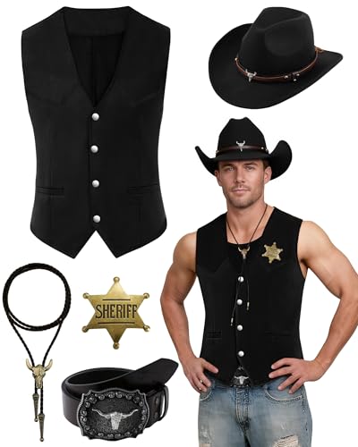 WooHand Western-Outfits für Herren, Cowboy, Wildleder, Weste, Hut, Krawatte, Schnalle, Gürtel, Sheriff-Abzeichen für Halloween-Kostüm, 5 Stück WooHand Western-Outfits für Herren, Cowboy, Wildleder, Weste, Hut, Krawatte, Schnalle, Gürtel, Sheriff-Abzeichen für Halloween-Kostüm, 5 Stück von WooHand