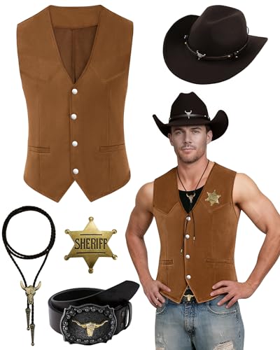 WooHand Western-Outfits für Herren, Cowboy, Wildleder, Weste, Hut, Krawatte, Schnalle, Gürtel, Sheriff-Abzeichen für Halloween-Kostüm, 5 Stück WooHand Western-Outfits für Herren, Cowboy, Wildleder, Weste, Hut, Krawatte, Schnalle, Gürtel, Sheriff-Abzeichen für Halloween-Kostüm, 5 Stück von WooHand
