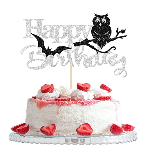 Eule Happy Birthday Kuchenaufsatz, Cartoon-Tiere, Eule, Thema, Geburtstagsparty-Dekorationen für Jungen und Mädchen, Babyparty/Kindergeburtstag, Kuchendekorationen, Schwarz und Silber Glitzer von Woobobii