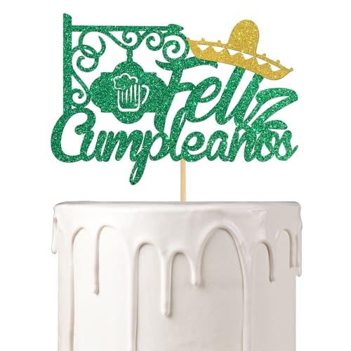 Feliz Cumpleaños Cake Topper, Spanisch Happy Birthday Cake Topper Fiesta Thema Kuchen Dekorationen Frauen Männer Kind Geburtstag Party Dekorationen Supplies Grün Glitzer von Woobobii