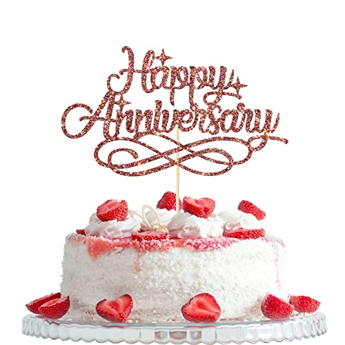 Happy Anniversary Cake Topper, 10th/20th/50th Wedding Anniversary Party Decorations, Birthday Party Decoration Supplies, Anniversary Company Party sparkly Decors, Light Red von Woobobii