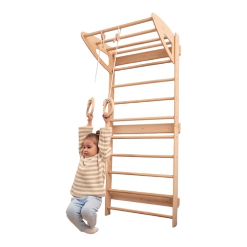 WoodandHearts Drinnen Schwedische Leiter mit Seilzubehör, Kletterüberwurf für Kleinkinder, Baby-Kletterstruktur, Kinderkletterer in natürlicher Holzfarbe (Mit Paar Gymnastikringen) von Wood And Hearts