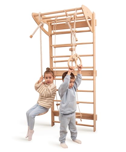 WoodandHearts Drinnen Schwedische Leiter mit Seilzubehör, Kletterüberwurf für Kleinkinder, Baby-Kletterstruktur, Kinderkletterer in natürlicher Holzfarbe (Mit allem Zubehör) von Wood And Hearts