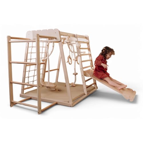 WoodandHearts Indoor Spielturm mit Rutsche & Schaukel – Kinderrutsche, Turnringe & Kletterseil – Baby Schaukel Indoor – Kletterwand Kinderzimmer & Spielhaus für Zuhause (Skandinav Komplex) von Wood And Hearts