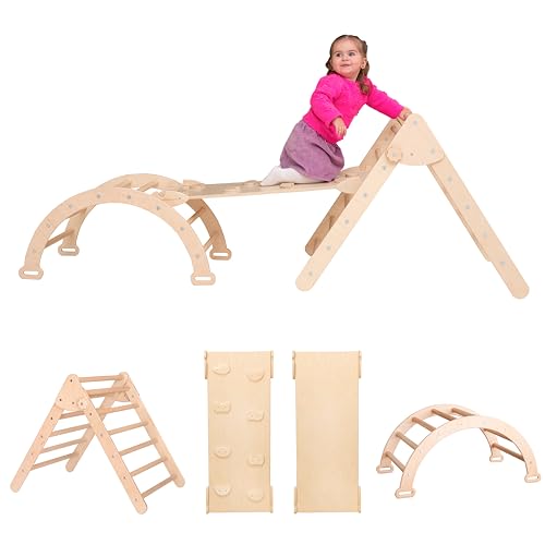 Woodandhearts 3er-Set Montessori Dreieck Rampe Bogen Kletter Leiter Rutsche – Lernspielzeug für System Naturholz (3-6 Jahre) von Wood And Hearts