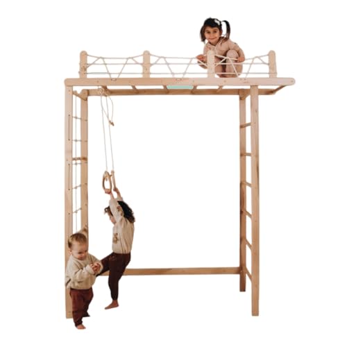 WoodandHearts Schwedische Leiter, Klettergerüst Indoor, Indoor Kletterwand Kinder, Turngeräte in Weiß + natürliche Holzfarbe (Gymnastikringe Naturholz) von Wood And Hearts