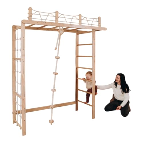 WoodandHearts Schwedische Leiter, Klettergerüst Indoor, Indoor Kletterwand Kinder, Turngeräte in Weiß + natürliche Holzfarbe (Seil mit 5 Kugeln Naturholz) von Wood And Hearts