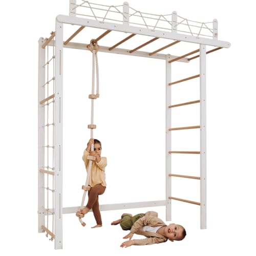 WoodandHearts Schwedische Leiter, Klettergerüst Indoor, Indoor Kletterwand Kinder, Turngeräte in Weiß + natürliche Holzfarbe (Seil mit 5 Kugeln Weiß + Naturholz) von Wood And Hearts