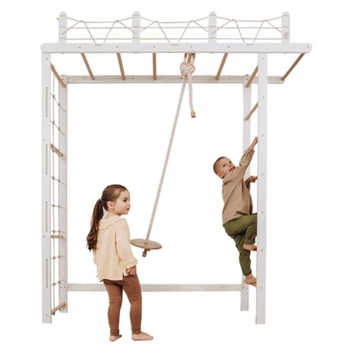 WoodandHearts Schwedische Leiter, Klettergerüst Indoor, Indoor Kletterwand Kinder, Turngeräte in Weiß + natürliche Holzfarbe (Seil mit einem runden Sitz Weiß + Naturholz) von Wood And Hearts