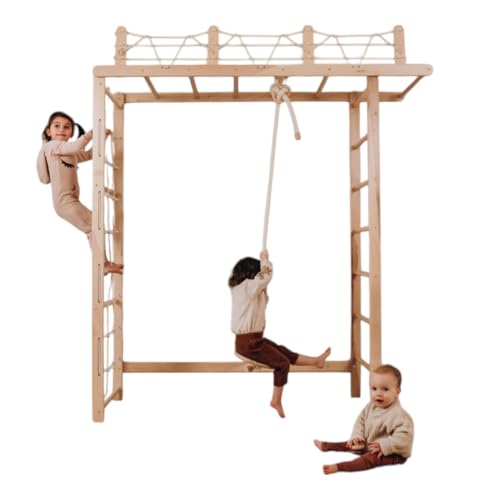 WoodandHearts Schwedische Leiter, Klettergerüst Indoor, Indoor Kletterwand Kinder, Turngeräte in Weiß + natürliche Holzfarbe (Seil mit rundem Sitz Naturholz) von Wood And Hearts